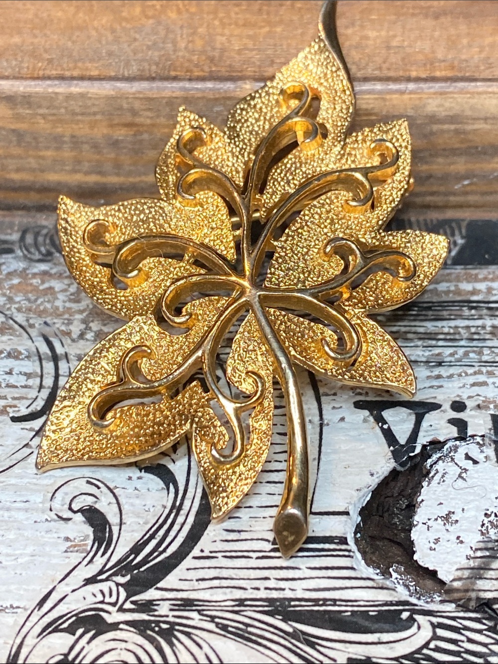Gold Tone Leaf Brooch Polished And Textured